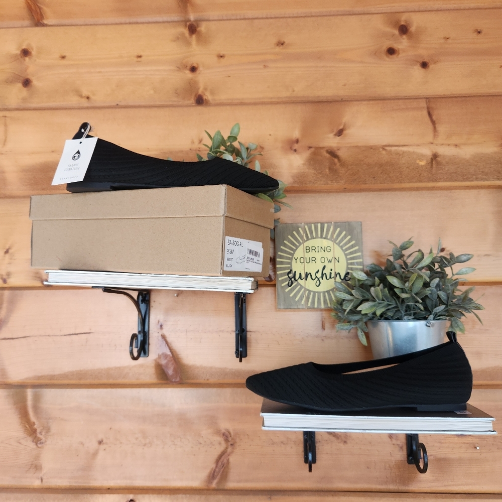 Sanctuary 💜 NEW Women Social Ballet Flats Leather Slip On Black Knit Fabric 9.5